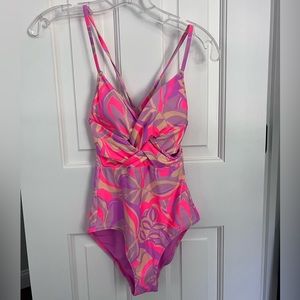 Aerie Multi Color Print Twist Front Cross Back One Piece Swimsuit Size XS